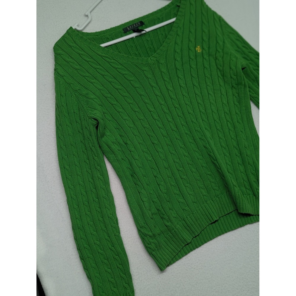 Lauren Ralph Lauren Green Cable Knit V-Neck Cotton Sweater Womens Medium